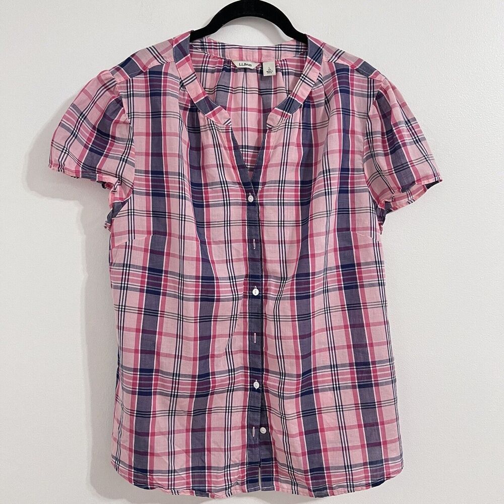 L. L. Bean Pink Plaid Button Front Shirt Size L Puff Sleeve Farmhouse Stripe